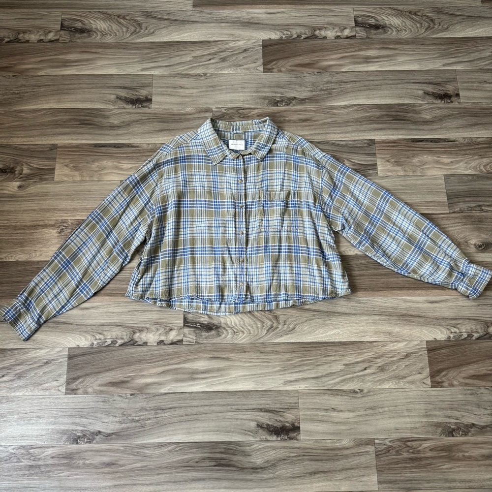 American Eagle Crop Flannel Plaid Button Up Shirt in Linen Blend Size XXL